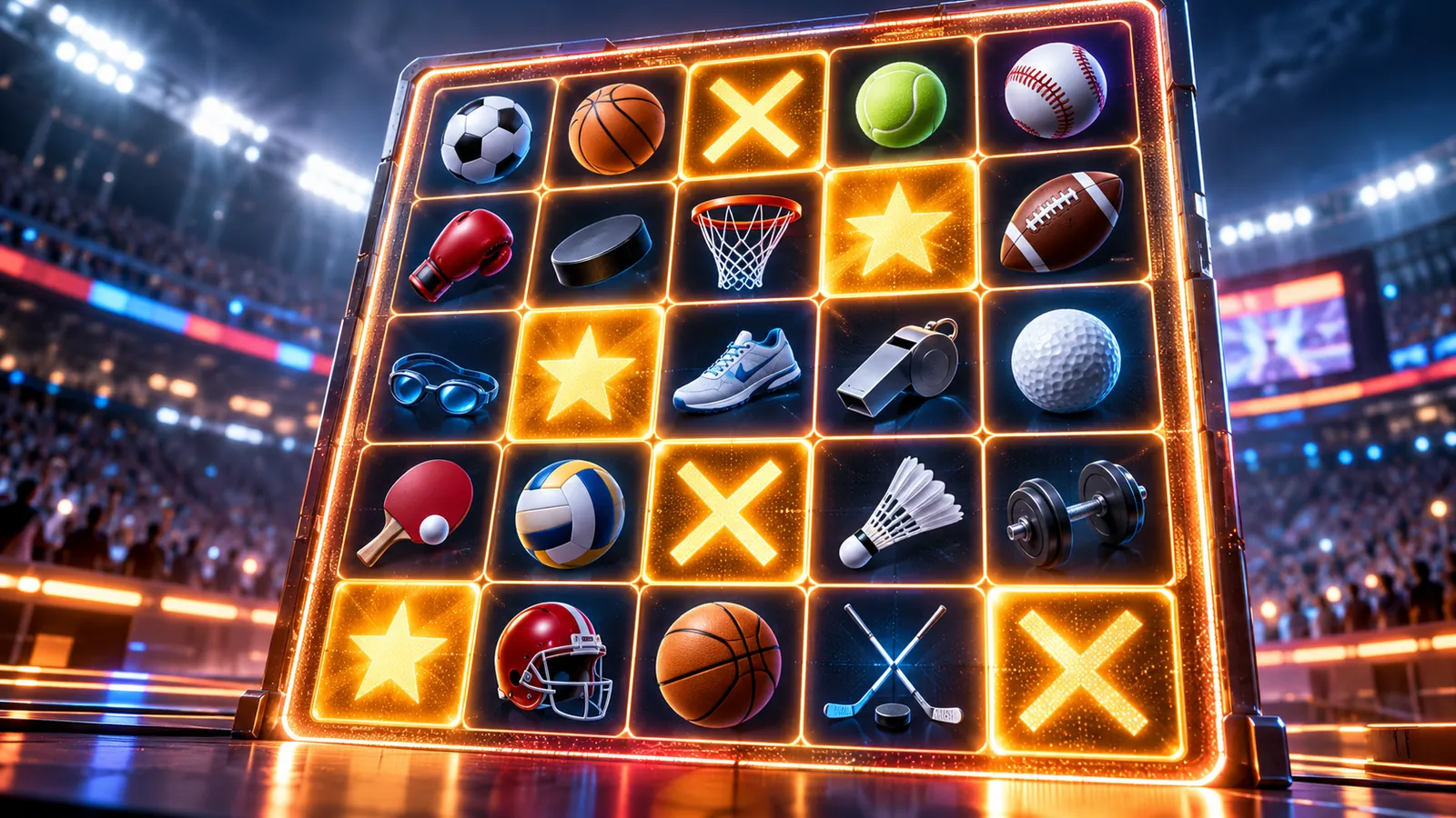 Helendav 5 × 5 bingokaart spordivahendite ikoonidega, osa ruute on märgitud