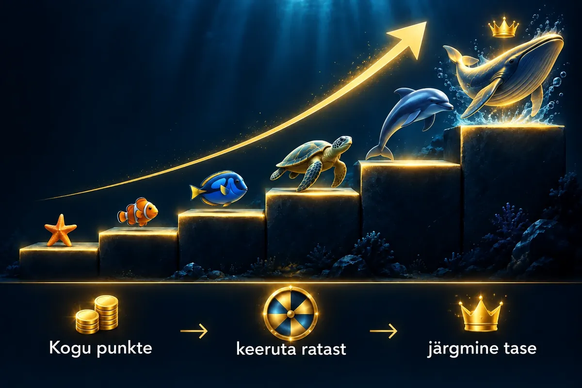OlyBet Fish Buffet: kuni 60% rakebacki GGPokeri lojaalsusprogrammis 2 Kasvav trepp mereelukatega meritähest vaalani ja kuldne nool ülespoole; all kolm sammu: kogu punkte, keeruta ratast, järgmine tase