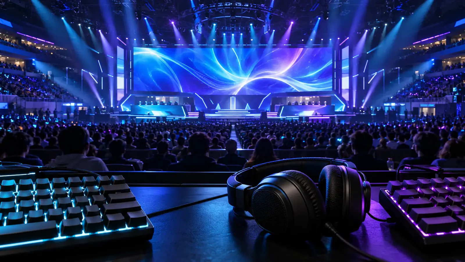 E-spordi areen sinises-lillas neoonvalguses, esiplaanil klaviatuur ja kõrvaklapid