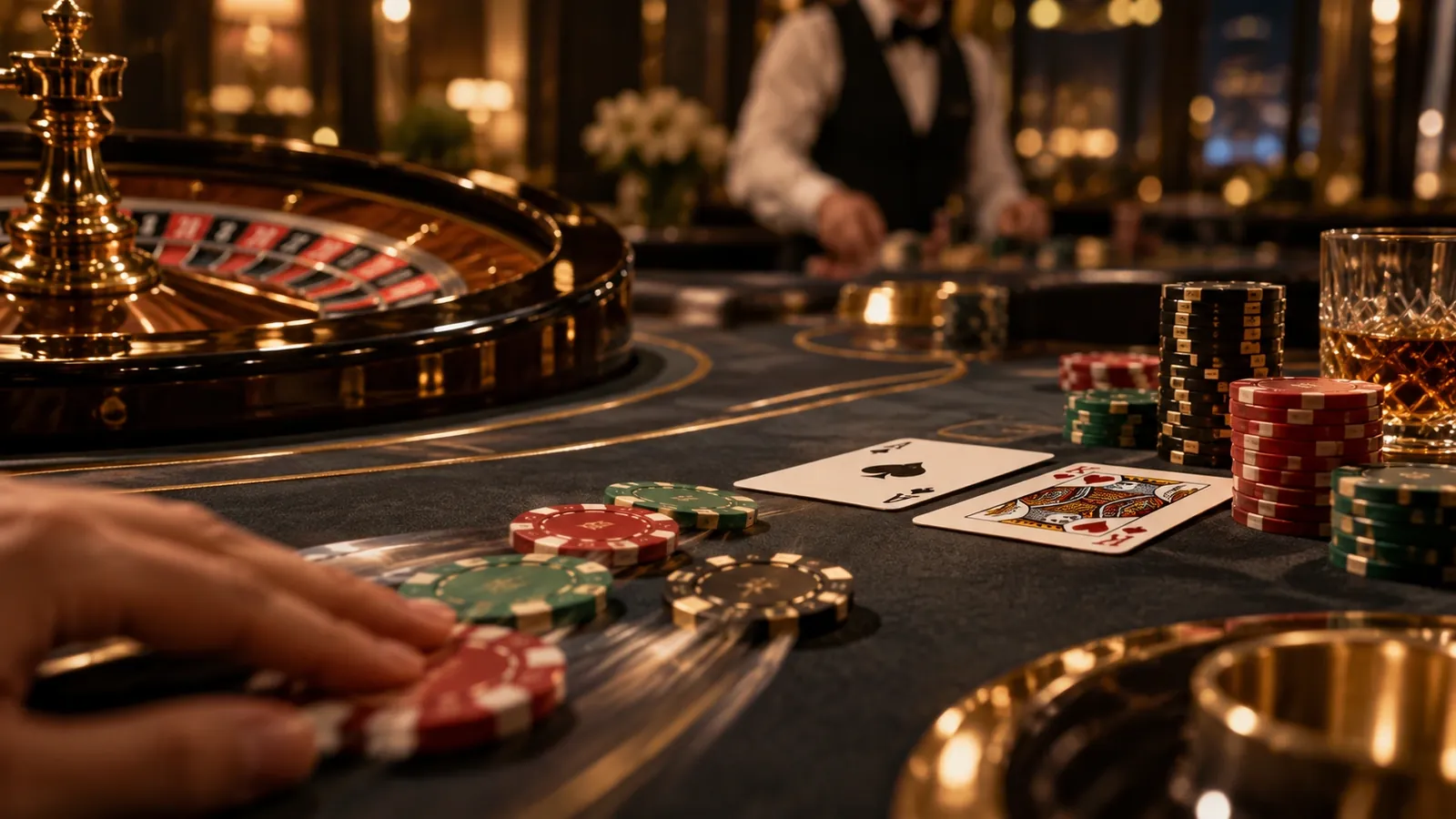 Live-kasiino ruletilaud ja blackjacki kaardid, žetoonid liiguvad mängija poole tagasi