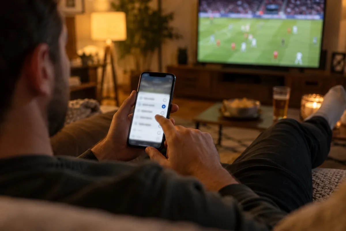 OlyPicks: PSG–Barcelona ja Bayern–Arsenal – vasta 6 küsimusele, võida 20 € tasuta panus 2 Inimene vastab diivanil nutitelefonis ennustusmängu küsimustele, taustal jalgpallimäng teleris