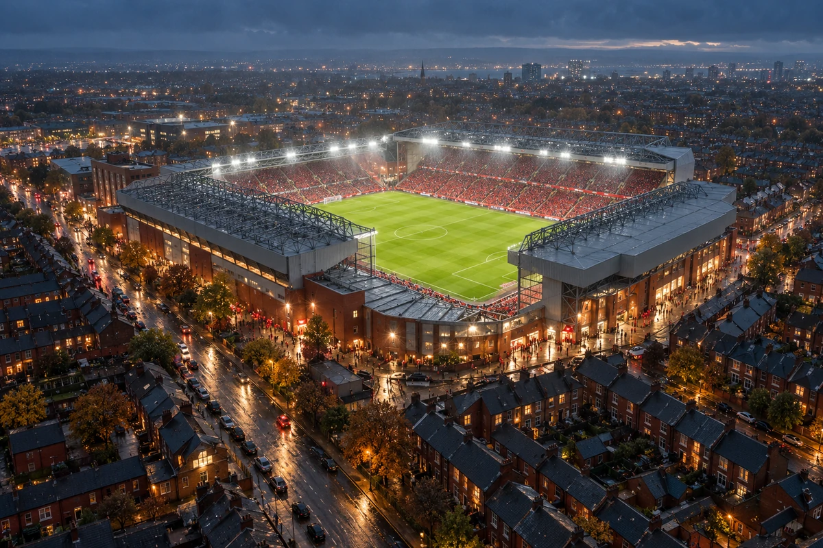 OlyPicks: Liverpool–Arsenal – vasta 6 küsimusele, võida 20 € tasuta panus 4 Jalgpallistaadion telliskivimajade vahel õhtuvalgel linnulennult