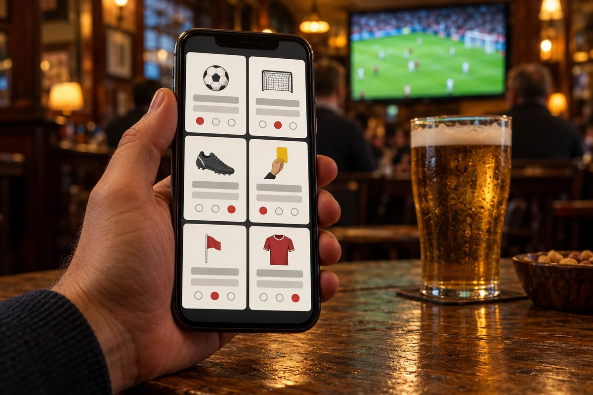 OlyPicks: Liverpool–Arsenal – vasta 6 küsimusele, võida 20 € tasuta panus 2 Käsi hoiab pubis nutitelefoni ennustusmänguga, taustal jalgpallimäng teleris