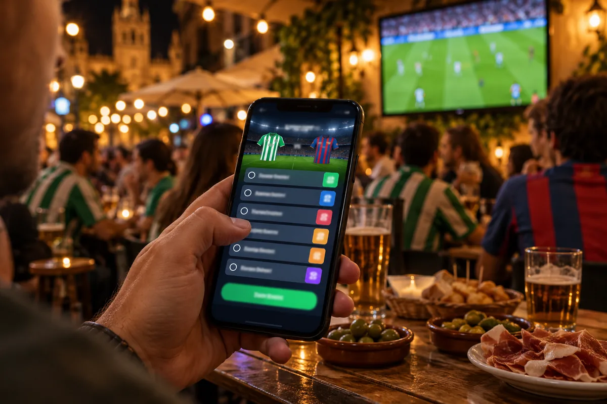OlyPicks: Real Betis–Barcelona – vasta 6 küsimusele, võida 20 € tasuta panus 2 Käsi hoiab tapasebaari terrassil nutitelefoni ennustusmänguga, taustal jalgpallimäng teleris