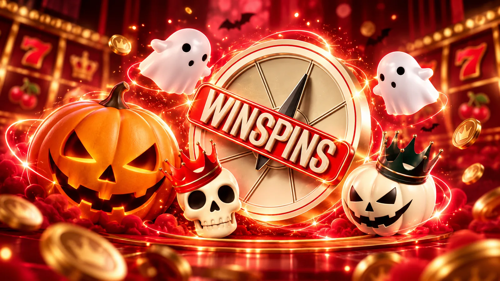 Halloweeni kõrvitsad, kummitused ja Winspinnide ratas punasel taustal