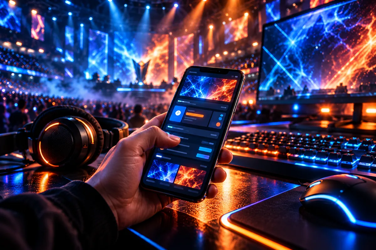 Optibet CS2 boonused: PGL Masters Bucharest – kuni 50 € tasuta panuseid e-spordipanuste ja ennustuse eest 2 Käsi hoiab nutitelefoni mängulaua ääres, taustal e-spordiareen ja monitor