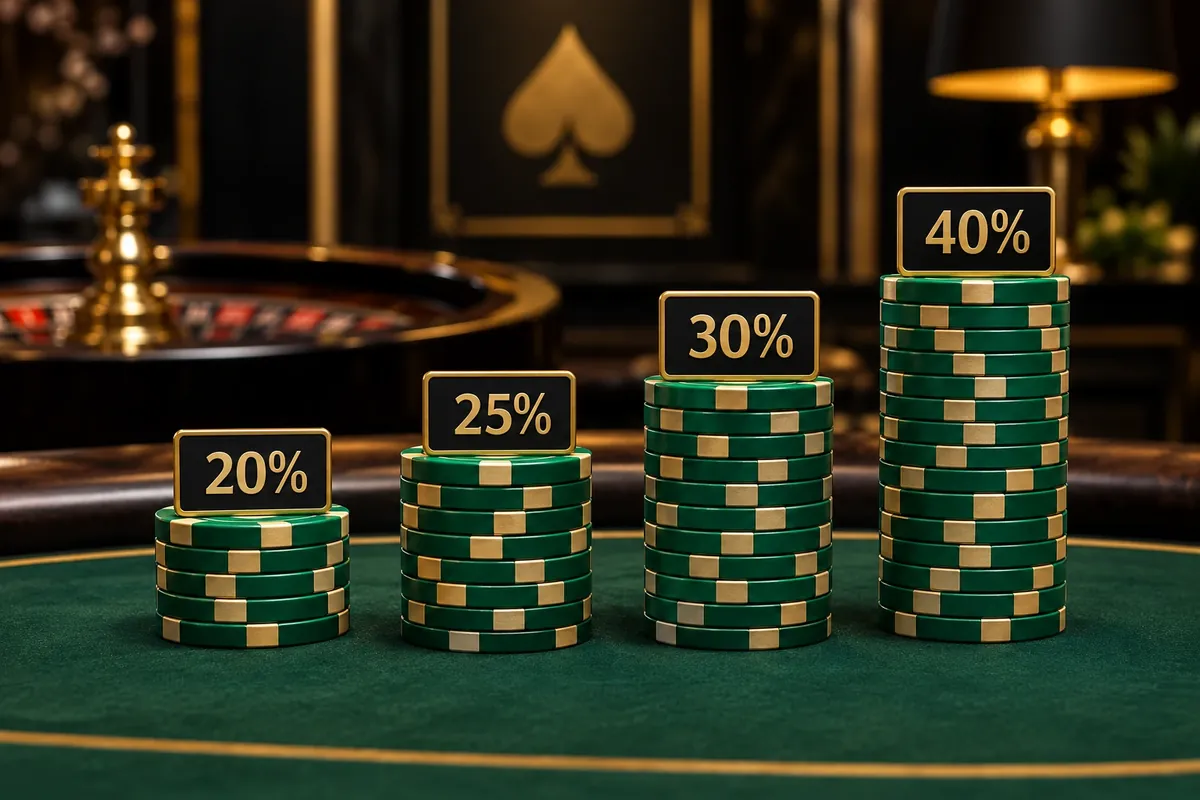 Optibet pokkeri cashback: kuni 40% reigist tagasi iga nädal 3 Neli tõusvat žetoonitorni sildiga 20%, 25%, 30% ja 40%