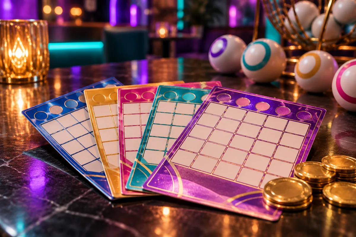 Paf bingo piletid: mängi Bingo Beatsi 20 € eest ja saa 40 piletit 2 Värvilised bingopiletid ja kuldmündid tumedal laual, taustal bingopallid