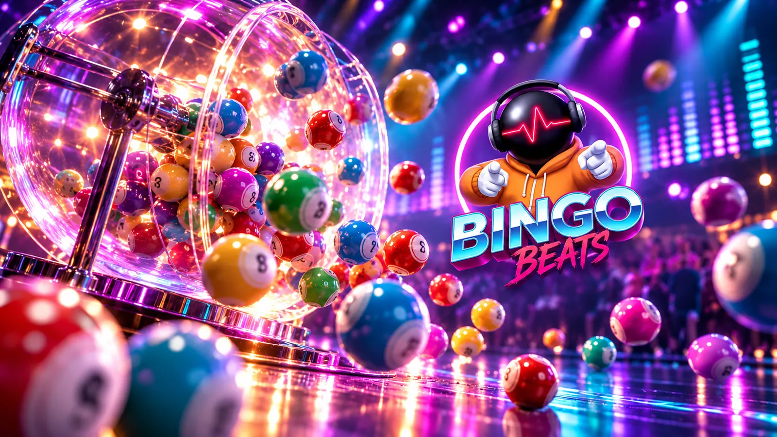 Värvilised bingopallid lendamas helendavast bingotrumlist neoonvalguses
