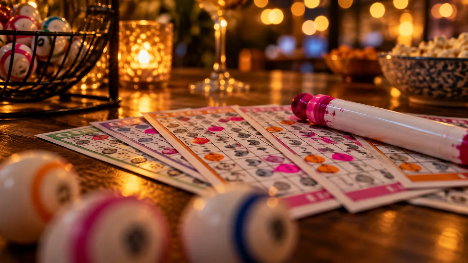 Bingopiletid, markerpliiats ja numbritega bingopallid laual õhtuses valguses