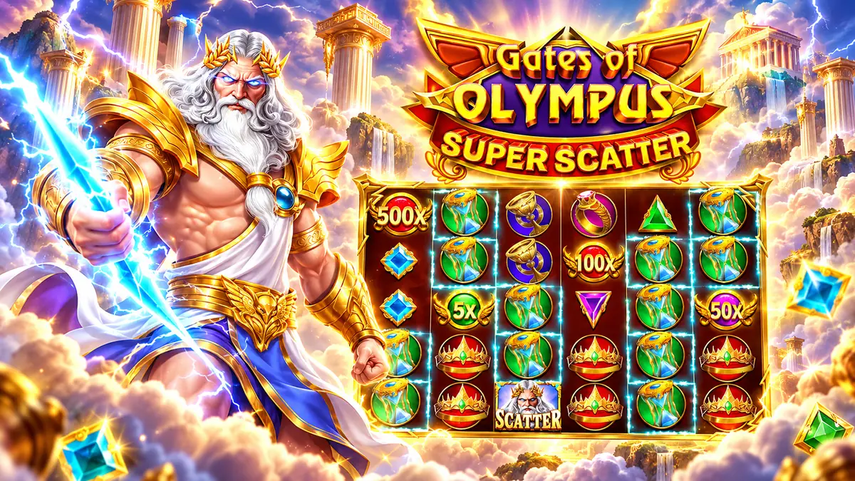 Paf Gates of Olympus Super Scatter: 100 € spordipanuste eest 25 tasuta keerutust 5 Gates of Olympus Super Scatter slotimängu reklaampilt: Zeus ja mänguväli kordistitega
