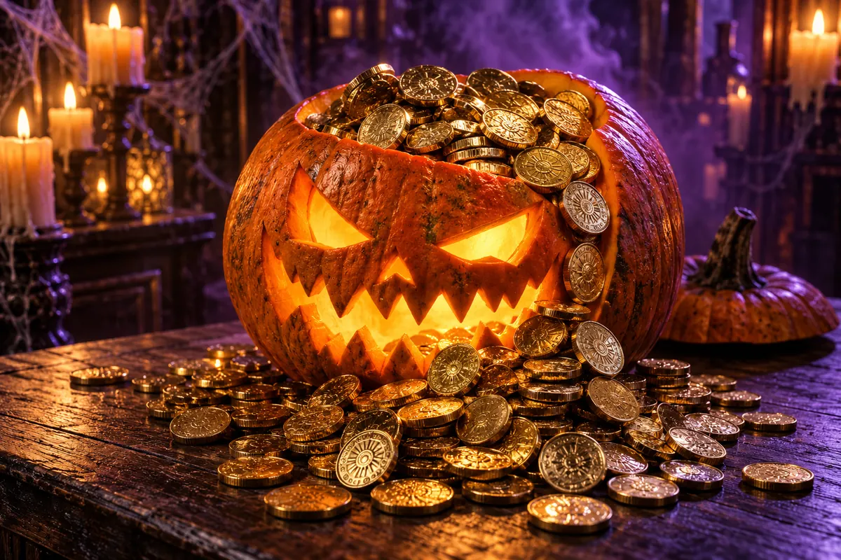 Paf Haunted Halloween: iga päev uued tasuta keerutused 21.–31. oktoobrini 3 Nikerdatud kõrvits täis kuldmünte küünlavalgel laual