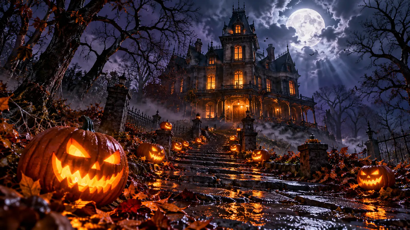Kummituslik häärber öösel, teel helendavad Halloweeni kõrvitsad