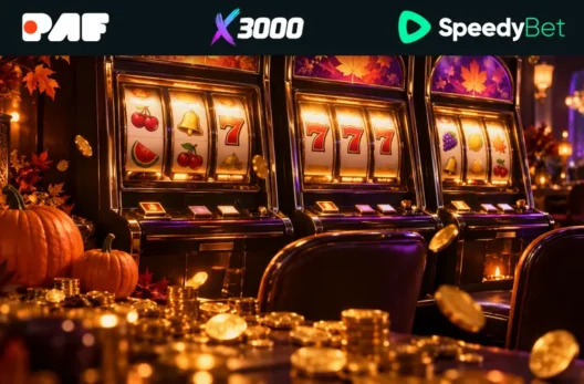 Paf, X3000 ja SpeedyBet logod sügiseste slotimasinate taustal