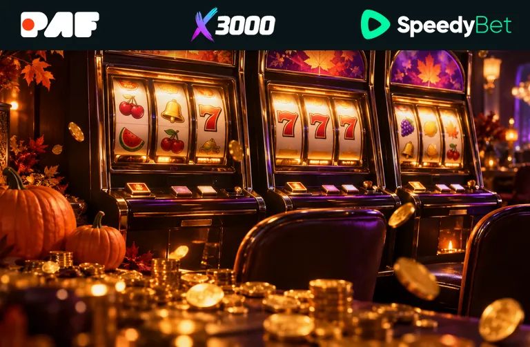 Paf, X3000 ja SpeedyBet logod sügiseste slotimasinate taustal