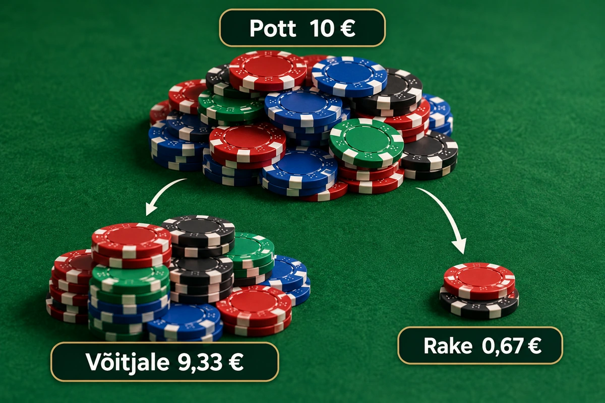 Rake ja rakeback pokkeris: kui palju teenustasu tegelikult maksad? 2 10-eurosest potist läheb 0,67 € rake'iks ja 9,33 € võitjale