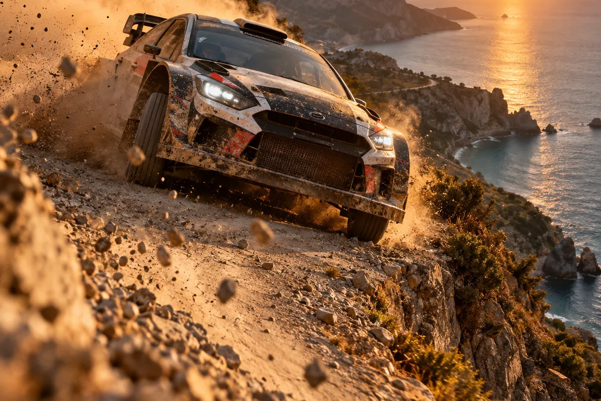 Sardiinia ralli 2026 – WRC hooaja finaal ja OlyBet GO100 2 Rallyauto kitsal kruusateel mere kohal, rataste alt lendavad kivid