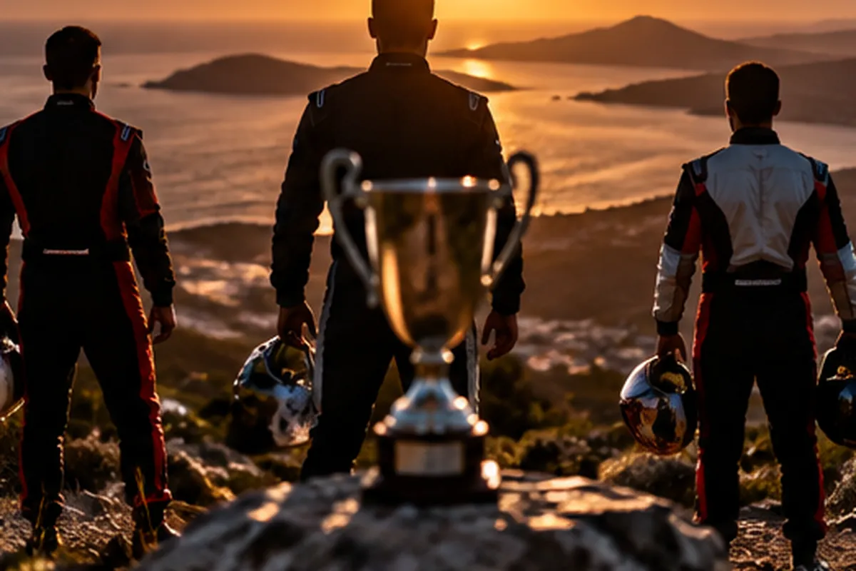 Sardiinia ralli 2026 – WRC hooaja finaal ja OlyBet GO100 3 Kolm rallisõitjat ja karikas mäenõlval päikeseloojangul