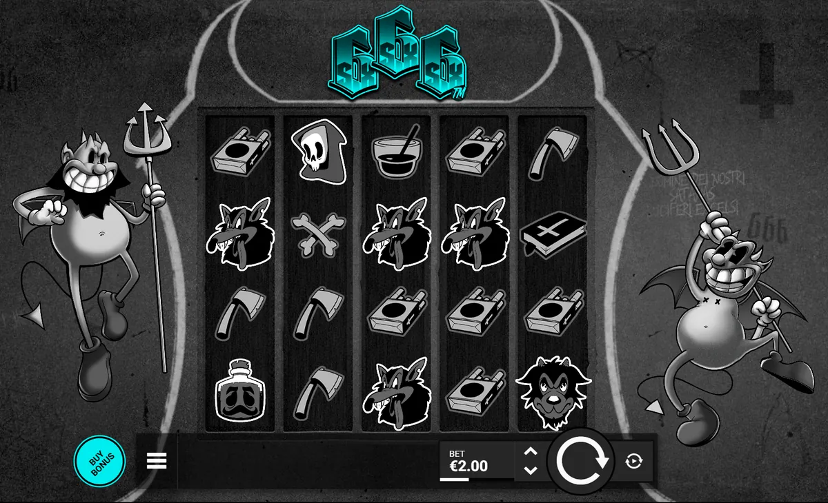 Kanuuna pühapäevad: iga kolmas sissemakse toob kuni 15 € tasuta keerutusi 3 SixSixSix slot: Hacksaw Gamingu 5 × 4 mänguväli mustvalgete sümbolite ja kuradikujudega
