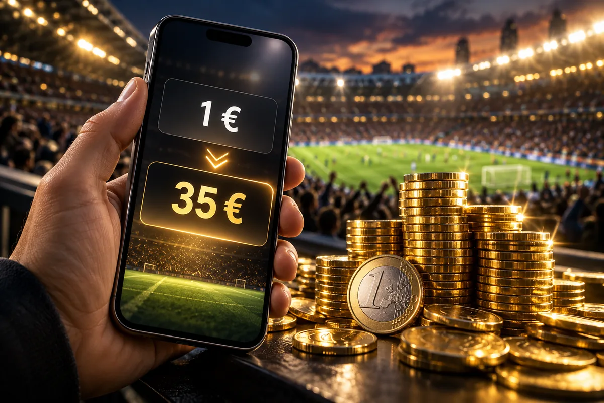 VivatBet: panusta 1 € Barcelona–Aston Villa mängule ja saa võidu korral kokku 35 € 2 Telefon panusekupongiga 1 € ja 35 €, kõrval kuldmündid, taustal staadion
