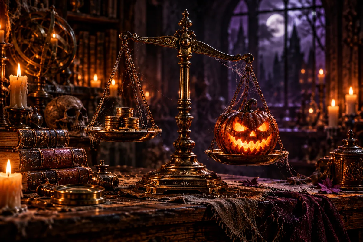 VivatBet Halloweeni eri: 30,30 € sissemaksega 66 tasuta keerutust Dreadworksis 4 Vana messingkaal mündivirna ja kõrvitsaga küünlavalgel laual