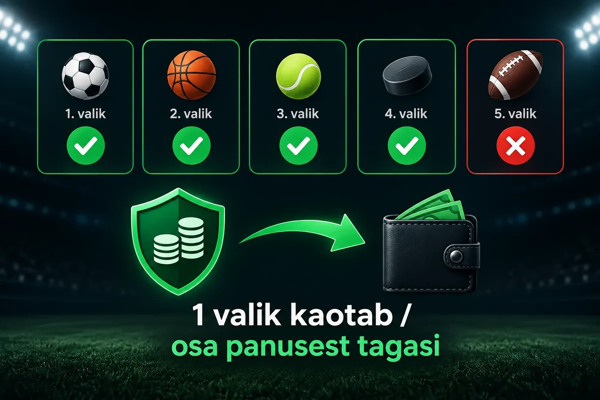 VivatBet mitmikpanuse kindlustus: ühe vale valiku korral kuni 100% panusest tagasi 2 Viis valikukaarti, neist neli rohelise linnukesega ja üks punase ristiga; kilbilt liigub nool rahakoti poole