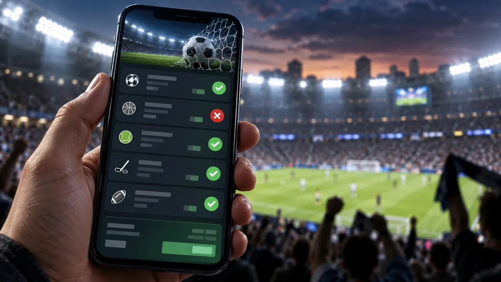 Käsi hoiab telefoni spordisedeliga, kus üks viiest valikust on kaotanud; taustal õhtune staadion