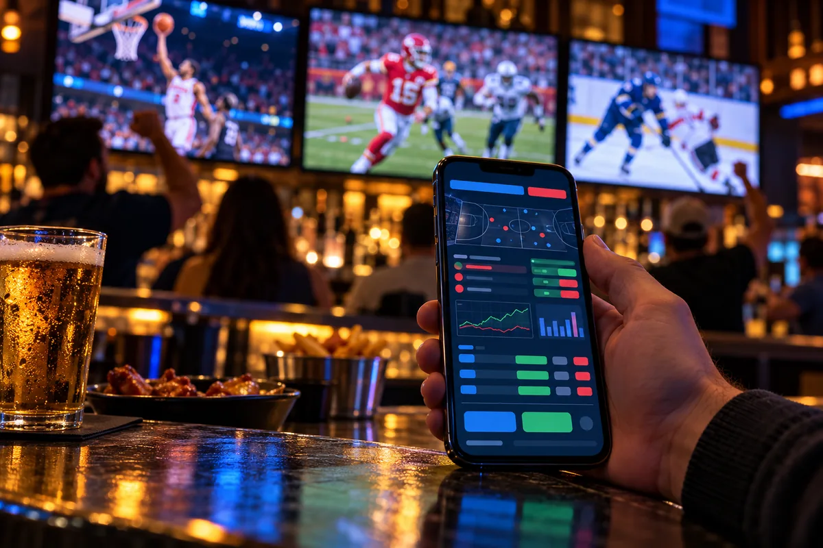 Winz Ameerika spordinädal: NBA, NFL-i ja NHL-i panuste eest kuni 60 € tasuta panuseid 2 Nutitelefon spordibaari leti ääres, taustal ekraanidel korvpall, Ameerika jalgpall ja hoki